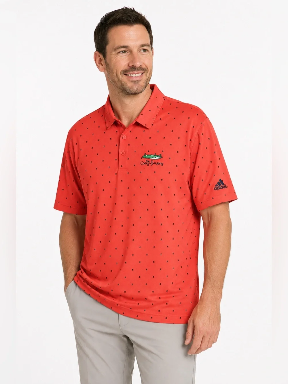 Adidas Coeur d'Alene Resort Men's XL Coral Palm Tree Primegreen Golf Polo Shirt